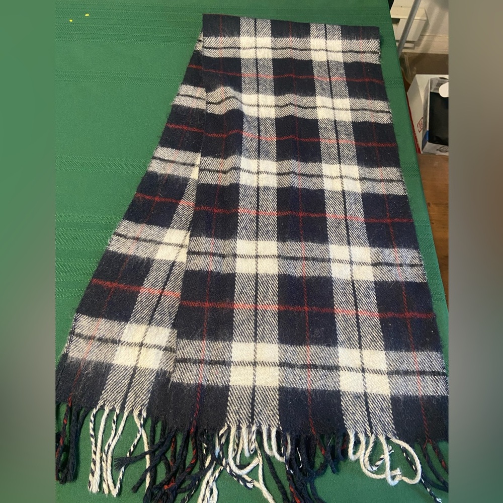 Plaid Fringe Scarf lightweight wool navy white